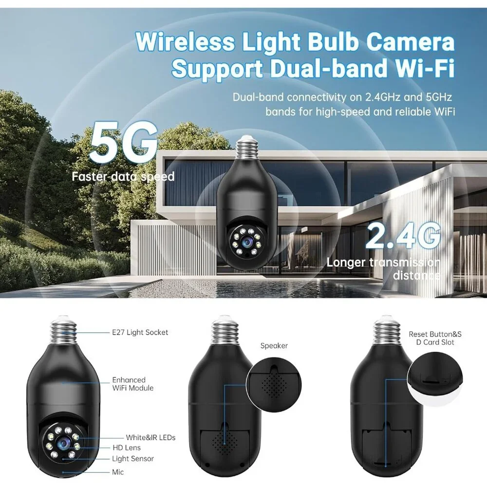 2K Light Bulb Security Camera Outdoor 2 Pack 5G/2.4GHz Wireless Motion Detection